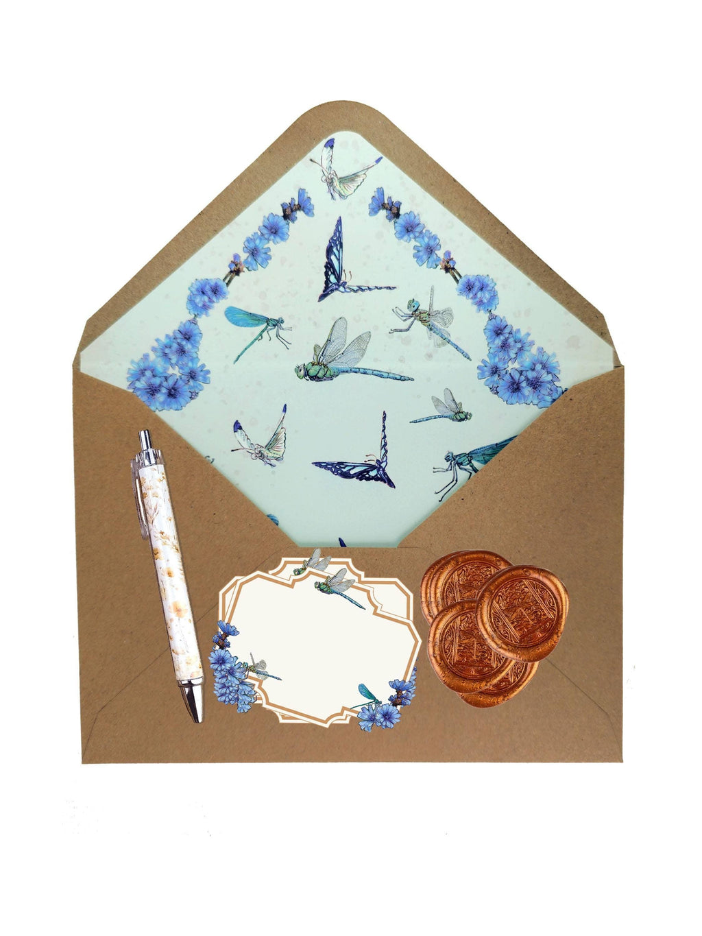Dragonfly and Chicory Stationery Set - Botanical Nature Journal Letter Writing Kit - FSC Paper