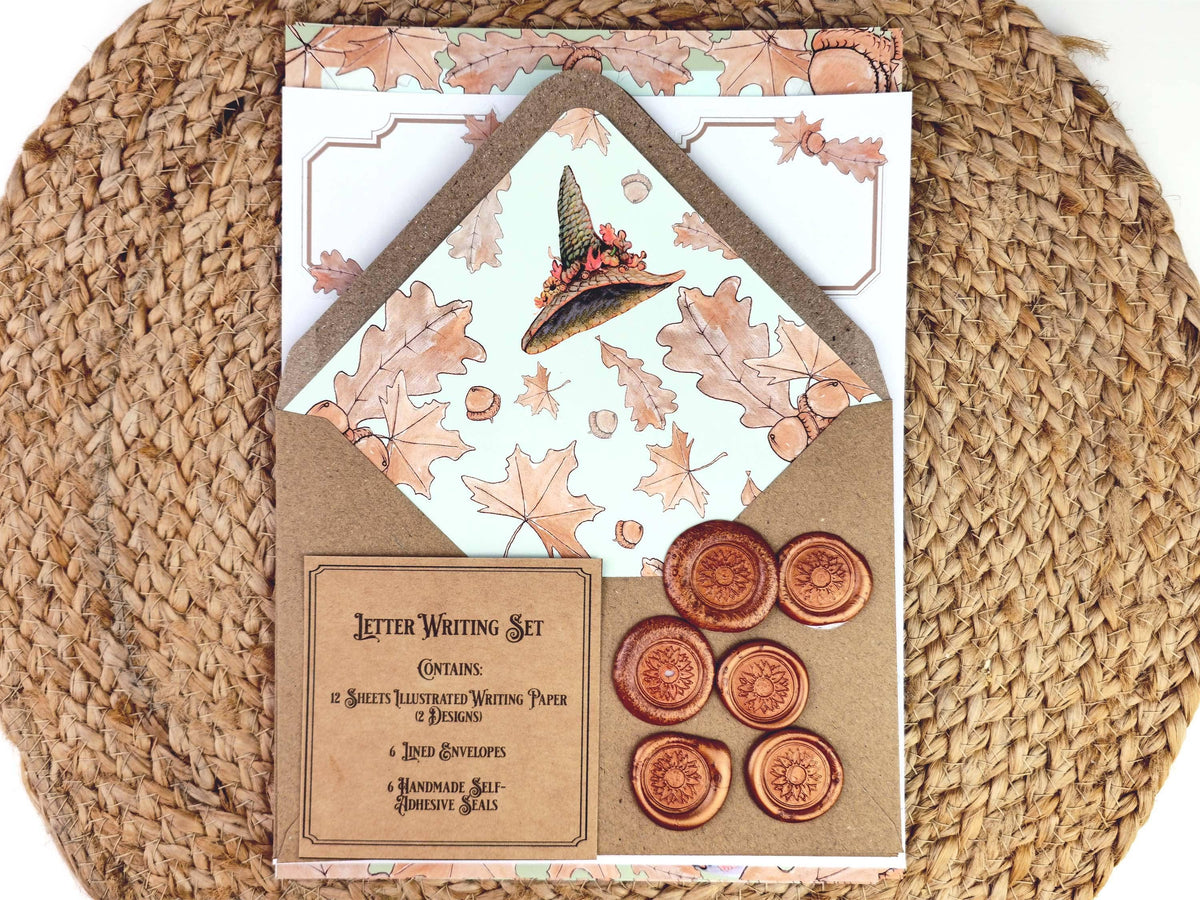 Harvest Witch Stationery Set | Autumn Witch and Cat Notepaper | Cottagecore Letter Writing Kit with Labels & Pen