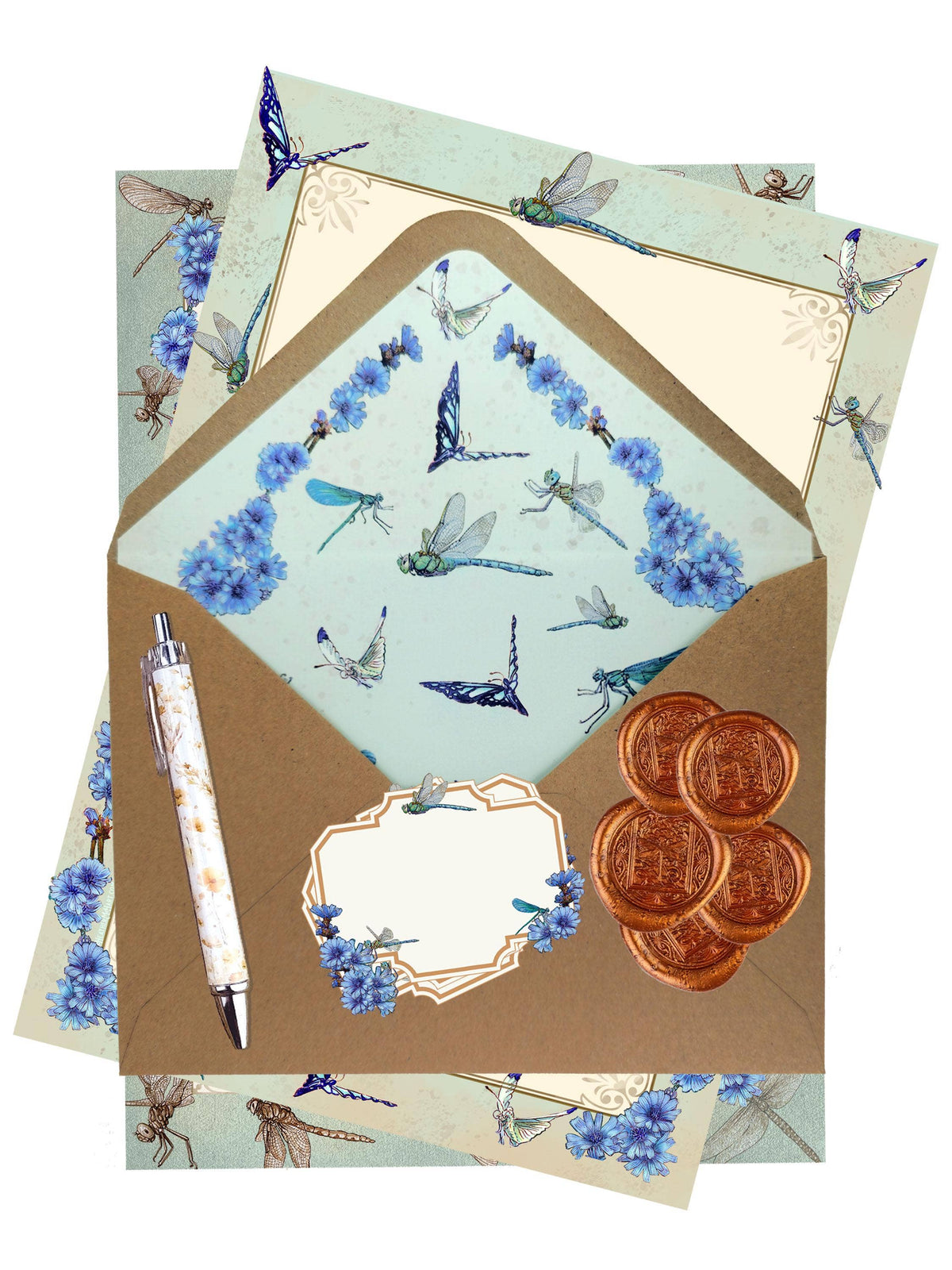 Dragonfly and Chicory Stationery Set - Botanical Nature Journal Letter Writing Kit - FSC Paper