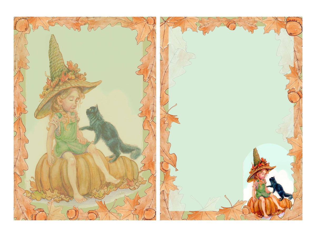 Harvest Witch Stationery Set | Autumn Witch and Cat Notepaper | Cottagecore Letter Writing Kit with Labels & Pen