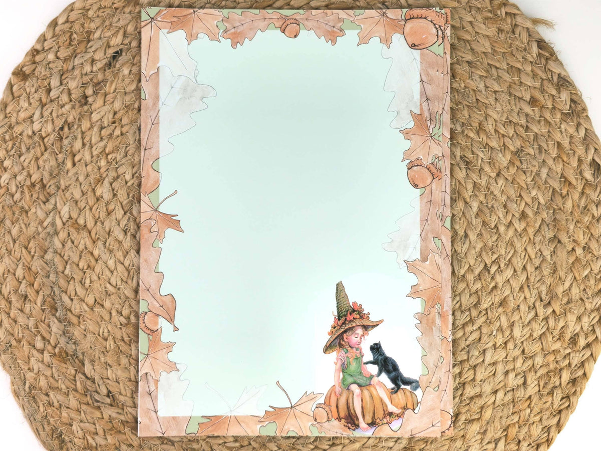 Harvest Witch Stationery Set | Autumn Witch and Cat Notepaper | Cottagecore Letter Writing Kit with Labels & Pen